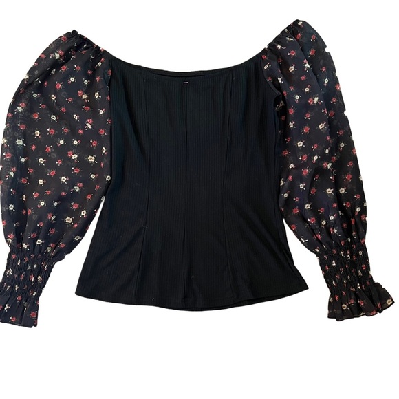 NWT BLACK RIBBED FULL LENGTH TOP WITH FLORAL PRINT MESH LONG SLEEVES SIZE SMALL - Picture 5 of 7